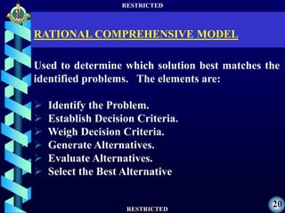 RESTRICTED
RESTRICTED
20
Used to determine which solution best matches the
identified problems. The elements are:
 Identify the Problem.
 Establish Decision Criteria.
 Weigh Decision Criteria.
 Generate Alternatives.
 Evaluate Alternatives.
 Select the Best Alternative
RATIONAL COMPREHENSIVE MODEL
 