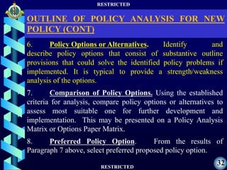 RESTRICTED
RESTRICTED
32
6. Policy Options or Alternatives. Identify and
describe policy options that consist of substantive outline
provisions that could solve the identified policy problems if
implemented. It is typical to provide a strength/weakness
analysis of the options.
7. Comparison of Policy Options. Using the established
criteria for analysis, compare policy options or alternatives to
assess most suitable one for further development and
implementation. This may be presented on a Policy Analysis
Matrix or Options Paper Matrix.
8. Preferred Policy Option. From the results of
Paragraph 7 above, select preferred proposed policy option.
OUTLINE OF POLICY ANALYSIS FOR NEW
POLICY (CONT)
 