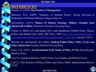 RESTRICTED
RESTRICTED
44
Drucker, P., (1954). The Practice of Management.
Dunmoye, R.A., (2007). “Elements of National Power”, lecture delivered to
Participants of National Defence College Course 16.
Edward,M.E., (1971). Makers of Modern Strategy: Military Thought from
Machiavelli to Hitler, Princeton: Princeton University Press.
Fischer. F., Miller, G.J., and Sander. M.S., (eds) Handbook of Public Policy: Theory,
Politics and Method (New York: CRC Press, 2007) http://www.dictionnaire.enap.ca/
dictionnaire /docs/definitions/definitions anglais/policy_cycles.pdf assessed Feb 21.
Howlett. M., and Ramesh, M., (2003). Studyng Public Policy: Policy Cycles and
Policy Subsystems Toronto: Oxford University Press.
Jones, C.O., (1977). An Introduction to the Study of Policy, 2nd Ed, Massachusetts:
Duxbury Press,.
Jowi T.J., American Business, Public Policy, Case Studies and Political Theory
Lowi T., Four Systems of Policy, Politics and Choice, Public Administration Review
32 (4)
REFERENCES
 