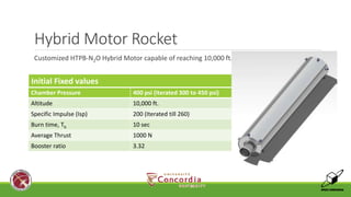 Hybrid Motor Rocket 
Customized HTPB-N2O Hybrid Motor capable of reaching 10,000 ft. 
Initial Fixed values 
Chamber Pressure 400 psi (Iterated 300 to 450 psi) 
Altitude 10,000 ft. 
Specific Impulse (Isp) 200 (Iterated till 260) 
Burn time, Tb 10 sec 
Average Thrust 1000 N 
Booster ratio 3.32 
 
