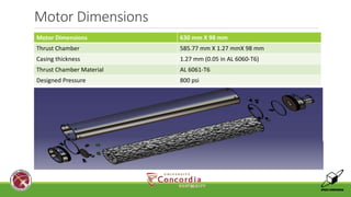 Motor Dimensions 
______________________________________________________________________________________________________________________________________________________________________________________________________________________________ 
Motor Dimensions 630 mm X 98 mm 
Thrust Chamber 585.77 mm X 1.27 mmX 98 mm 
Casing thickness 1.27 mm (0.05 in AL 6060-T6) 
Thrust Chamber Material AL 6061-T6 
Designed Pressure 800 psi 
 