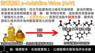茴香胺價 p-Anisidine Value (AnV)
油脂本身是非極性，但也可能還有部分極性芳香物質，當油炸開始，
高溫會使油質裂解產生 醛、酮、酸 等極性物質，這些極性物質統稱
「總極性化合物」。茴香胺價AnV 是測定油脂中醛類含量，通常與
過氧化值共同作為判斷脂質氧化的指標
醛 : 種類繁多，在檢驗實務上，以總醛類含量做為評估依據。
油脂本身就含有醛，且部分醛類與芳香有關 也可能產生不好的醛?
酸敗
氧化
醛類 的 量 與 種類 增加
 