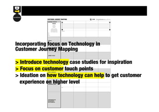 CUSTOMER JOURNEY MAPPING designthinkersacademy 
+ 
Explain Emotions 
- 
Customer’s Needs 
Barriers 
EMOTIONAL STATUS OF 
PERSONA 
CONTEXT 
WHAT IS THE PERSONA 
TRYING TO DO? 
JOURNEY STAGES 
TOUCHPOINTS 
WHICH TECHNOLOGY 
SUPPORTS THIS TOUCHPOINT? 
OPPORTUNITY AREAS 
OPPORTUNITIES FOR 
APPLICATION OF 
NEW TECHNOLOGY 
+ 
Name 
Profile 
Behaviour 
Incorporating focus on Technology in 
Customer Journey Mapping 
> Introduce technology case studies for inspiration 
> Focus on customer touch points 
> Ideation on how technology can help to get customer 
experience on higher level 
 