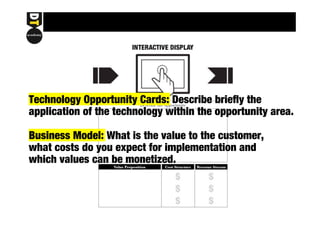 Technology Opportunity Cards: Describe briefly the 
application of the technology within the opportunity area. 
Business Model: What is the value to the customer, 
what costs do you expect for implementation and 
which values can be monetized. 
 