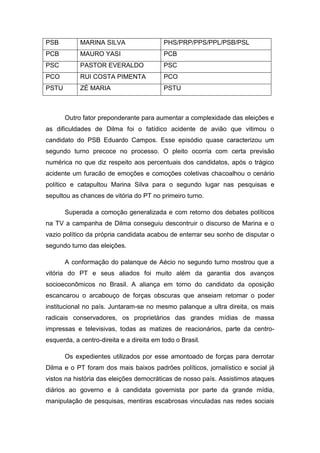 PSB MARINA SILVA PHS/PRP/PPS/PPL/PSB/PSL
PCB MAURO YASI PCB
PSC PASTOR EVERALDO PSC
PCO RUI COSTA PIMENTA PCO
PSTU ZÉ MARIA PSTU
Outro fator preponderante para aumentar a complexidade das eleições e
as dificuldades de Dilma foi o fatídico acidente de avião que vitimou o
candidato do PSB Eduardo Campos. Esse episódio quase caracterizou um
segundo turno precoce no processo. O pleito ocorria com certa previsão
numérica no que diz respeito aos percentuais dos candidatos, após o trágico
acidente um furacão de emoções e comoções coletivas chacoalhou o cenário
político e catapultou Marina Silva para o segundo lugar nas pesquisas e
sepultou as chances de vitória do PT no primeiro turno.
Superada a comoção generalizada e com retorno dos debates políticos
na TV a campanha de Dilma conseguiu descontruir o discurso de Marina e o
vazio político da própria candidata acabou de enterrar seu sonho de disputar o
segundo turno das eleições.
A conformação do palanque de Aécio no segundo turno mostrou que a
vitória do PT e seus aliados foi muito além da garantia dos avanços
socioeconômicos no Brasil. A aliança em torno do candidato da oposição
escancarou o arcabouço de forças obscuras que anseiam retomar o poder
institucional no país. Juntaram-se no mesmo palanque a ultra direita, os mais
radicais conservadores, os proprietários das grandes mídias de massa
impressas e televisivas, todas as matizes de reacionários, parte da centro-
esquerda, a centro-direita e a direita em todo o Brasil.
Os expedientes utilizados por esse amontoado de forças para derrotar
Dilma e o PT foram dos mais baixos padrões políticos, jornalístico e social já
vistos na história das eleições democráticas de nosso país. Assistimos ataques
diários ao governo e à candidata governista por parte da grande mídia,
manipulação de pesquisas, mentiras escabrosas vinculadas nas redes sociais
 