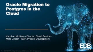 CONFIDENTIAL © Copyright EnterpriseDB Corporation, 2018. All rights reserved.
Oracle Migration to
Postgres in the
Cloud
Kanchan Mohitey – Director, Cloud Services
Marc Linster – SVP, Product Development
1
 