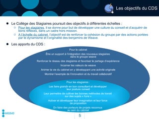 Les objectifs du CDS Le Collège des Stagiaires poursuit des objectifs à différentes échelles :  Pour les stagiaires , il se donne pour but de développer une culture du conseil et d’acquérir de bons réflexes, dans un cadre hors mission. A l’échelle du cabinet , l’objectif est de renforcer la cohésion du groupe par des actions portées par le dynamisme et l’originalité des benjamins de Weave. Les apports du CDS : Pour les stagiaires : Les faire grandir en bon consultant et développer  leur posture conseil Leur permettre de cultiver les bonnes méthodes de travail  sur des sujets « funs » Activer et développer leur imagination et leur force  de proposition En faire des porteurs de projets reconnus  au sein du cabinet Pour le cabinet Être un support à l’intégration des nouveaux stagiaires  dans le groupe weave  Renforcer le réseau des stagiaires et favoriser le partage d’expérience Incarner les valeurs de weave Animer la vie du cabinet en y développant une activité originale Montrer l’exemple de l’innovation et du travail collaboratif 