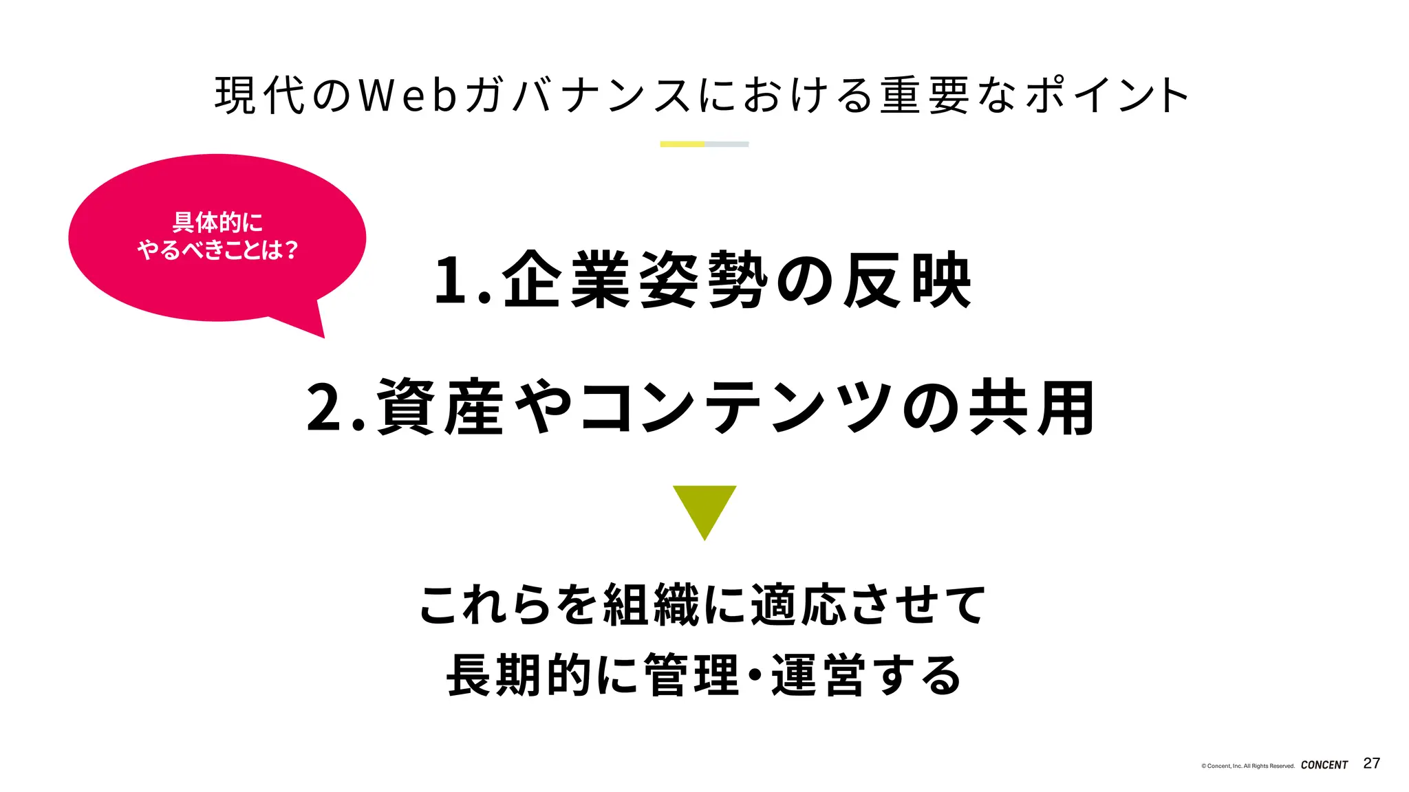 © Concent, Inc. All Rights Reserved. 27
現代のWebガバナンスにおける重要なポイント
1.企業姿勢の反映
2.資産やコンテンツの共用
具体的に
やるべきことは？
これらを組織に適応させて
長期的に管理・運営する
 