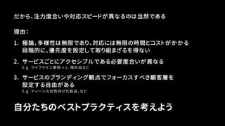 だから、注力度合いや対応スピードが異なるのは当然である
理由：
1. 極論、多様性は無限であり、対応には無限の時間とコストがかかる
段階的に、優先度を設定して取り組まざるを得ない
2. サービスごとにアクセシブルである必要度合いが異なる
E.g. ライフライン関係 v.s. 嗜好品など
3. サービスのブランディング観点でフォーカスすべき顧客層を
設定する自由がある
E.g. ティーンの女性向け化粧品、など
自分たちのベストプラクティスを考えよう
 