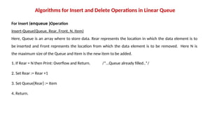 Algorithms for Insert and Delete Operations in Linear Queue
For Insert (enqueue )Operation
Insert-Queue(Queue, Rear, Front, N, Item)
Here, Queue is an array where to store data. Rear represents the location in which the data element is to
be inserted and Front represents the location from which the data element is to be removed. Here N is
the maximum size of the Queue and Item is the new item to be added.
1. If Rear = N then Print: Overflow and Return. /*…Queue already filled..*/
2. Set Rear := Rear +1
3. Set Queue[Rear] := Item
4. Return.
 