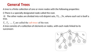 General Trees
A tree is a finite collection of one or more nodes with the following properties:
i) There is a specially designated node called the root.
ii) The other nodes are divided into n≥0 disjoint sets, T1,…,Tn, where each set is itself a
tree.
T1, T2, …, Tn are called the sub-trees of the root.
A tree consists of a collection of elements or nodes, with each node linked to its
successors
 
