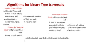 Algorithms for binary Tree traversals
1.Inorder Traversal (LNR)
void inorder(Node root) {
if (root == null) return;
inorder(root.left); // Traverse left subtree
print(root.data ); // Visit root node
inorder(root.right); // Traverse right
subtree }
2. Preorder Traversal
(NLR) void preorder(Node
root) {
if (root == null) return;
3. Postorder Traversal
(LRN) void postorder(Node
root) {
if (root == null) return;
postorder(root.left); // Traverse left subtree
postorder(root.right); // Traverse right subtree
.print(root.data ); // Visit root node
}
print(root.data ); preorder(root.left); preorder(root.right);
}
 