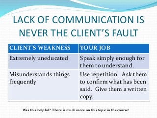 LACK OF COMMUNICATION IS
NEVER THE CLIENT’S FAULT
CLIENT’S WEAKNESS YOUR JOB
Extremely uneducated Speak simply enough for
them to understand.
Misunderstands things
frequently
Use repetition. Ask them
to confirm what has been
said. Give them a written
copy.
Was this helpful? There is much more on this topic in the course!
 