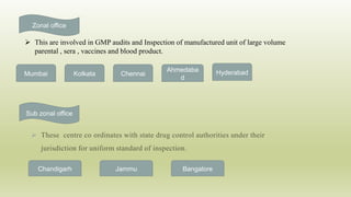  This are involved in GMP audits and Inspection of manufactured unit of large volume
parental , sera , vaccines and blood product.

Zonal office
Mumbai Kolkata Chennai
Ahmedaba
d
Hyderabad
Sub zonal office
Chandigarh Jammu Bangalore
 