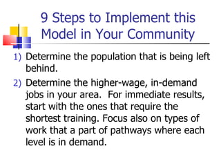 9 Steps to Implement this Model in Your Community Determine the population that is being left behind. Determine the higher-wage, in-demand jobs in your area.  For immediate results, start with the ones that require the shortest training. Focus also on types of work that a part of pathways where each level is in demand. 