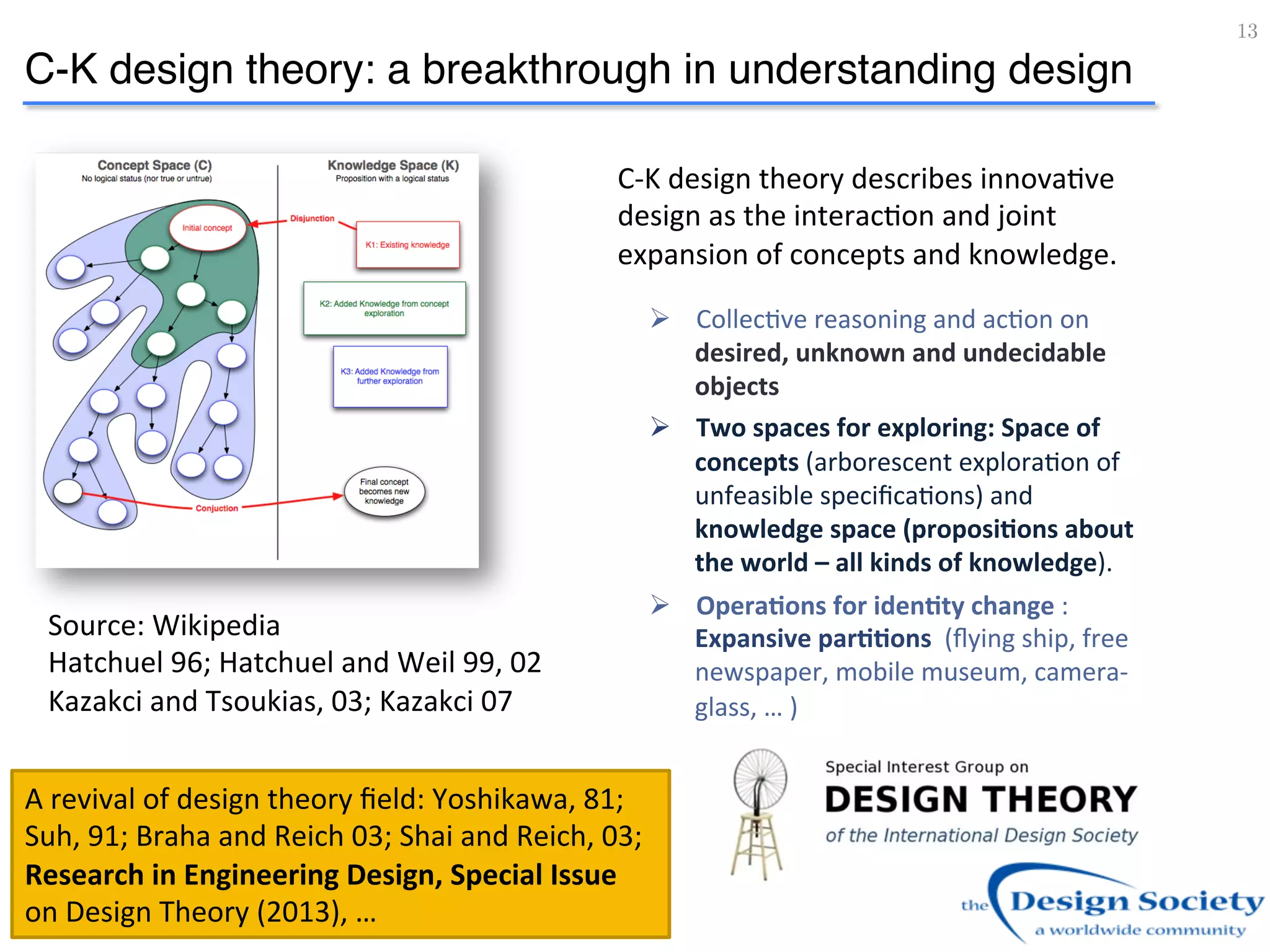 Source:	
  Wikipedia	
  
Hatchuel	
  96;	
  Hatchuel	
  and	
  Weil	
  99,	
  02	
  
Kazakci	
  and	
  Tsoukias,	
  03;	
  Kazakci	
  07	
  
13!
C-K design theory: a breakthrough in understanding design
C-­‐K	
  design	
  theory	
  describes	
  innova:ve	
  
design	
  as	
  the	
  interac:on	
  and	
  joint	
  
expansion	
  of	
  concepts	
  and	
  knowledge.	
  
Ø  Collec:ve	
  reasoning	
  and	
  ac:on	
  on	
  
desired,	
  unknown	
  and	
  undecidable	
  
objects	
  
Ø  Two	
  spaces	
  for	
  exploring:	
  Space	
  of	
  
concepts	
  (arborescent	
  explora:on	
  of	
  
unfeasible	
  speciﬁca:ons)	
  and	
  
knowledge	
  space	
  (proposi4ons	
  about	
  
the	
  world	
  –	
  all	
  kinds	
  of	
  knowledge).	
  	
  
Ø  Opera4ons	
  for	
  iden4ty	
  change	
  :	
  
Expansive	
  par44ons	
  	
  (ﬂying	
  ship,	
  free	
  
newspaper,	
  mobile	
  museum,	
  camera-­‐
glass,	
  …	
  )	
  
A	
  revival	
  of	
  design	
  theory	
  ﬁeld:	
  Yoshikawa,	
  81;	
  
Suh,	
  91;	
  Braha	
  and	
  Reich	
  03;	
  Shai	
  and	
  Reich,	
  03;	
  
Research	
  in	
  Engineering	
  Design,	
  Special	
  Issue	
  
on	
  Design	
  Theory	
  (2013),	
  …	
  
 