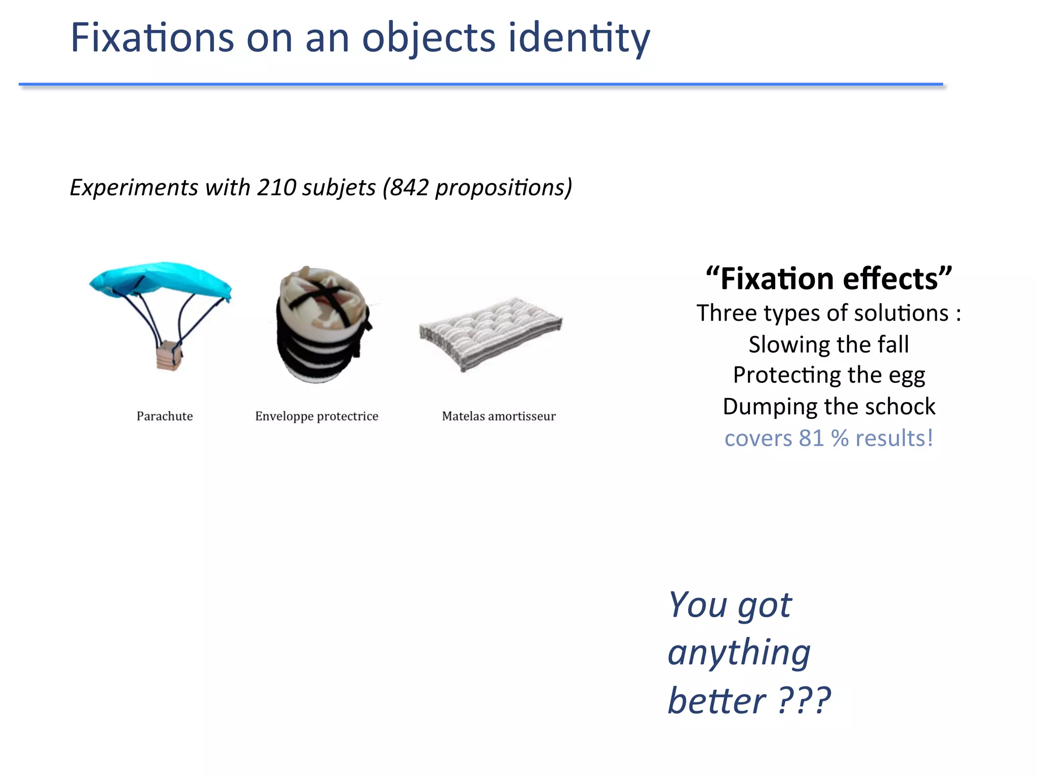 Experiments	
  with	
  210	
  subjets	
  (842	
  proposi/ons)	
  
“Fixa4on	
  eﬀects”	
  	
  
Three	
  types	
  of	
  solu:ons	
  :	
  
Slowing	
  the	
  fall	
  
Protec:ng	
  the	
  egg	
  
Dumping	
  the	
  schock	
  
covers	
  81	
  %	
  results!	
  
Fixa:ons	
  on	
  an	
  objects	
  iden:ty	
  
You	
  got	
  
anything	
  
beKer	
  ???	
  
 