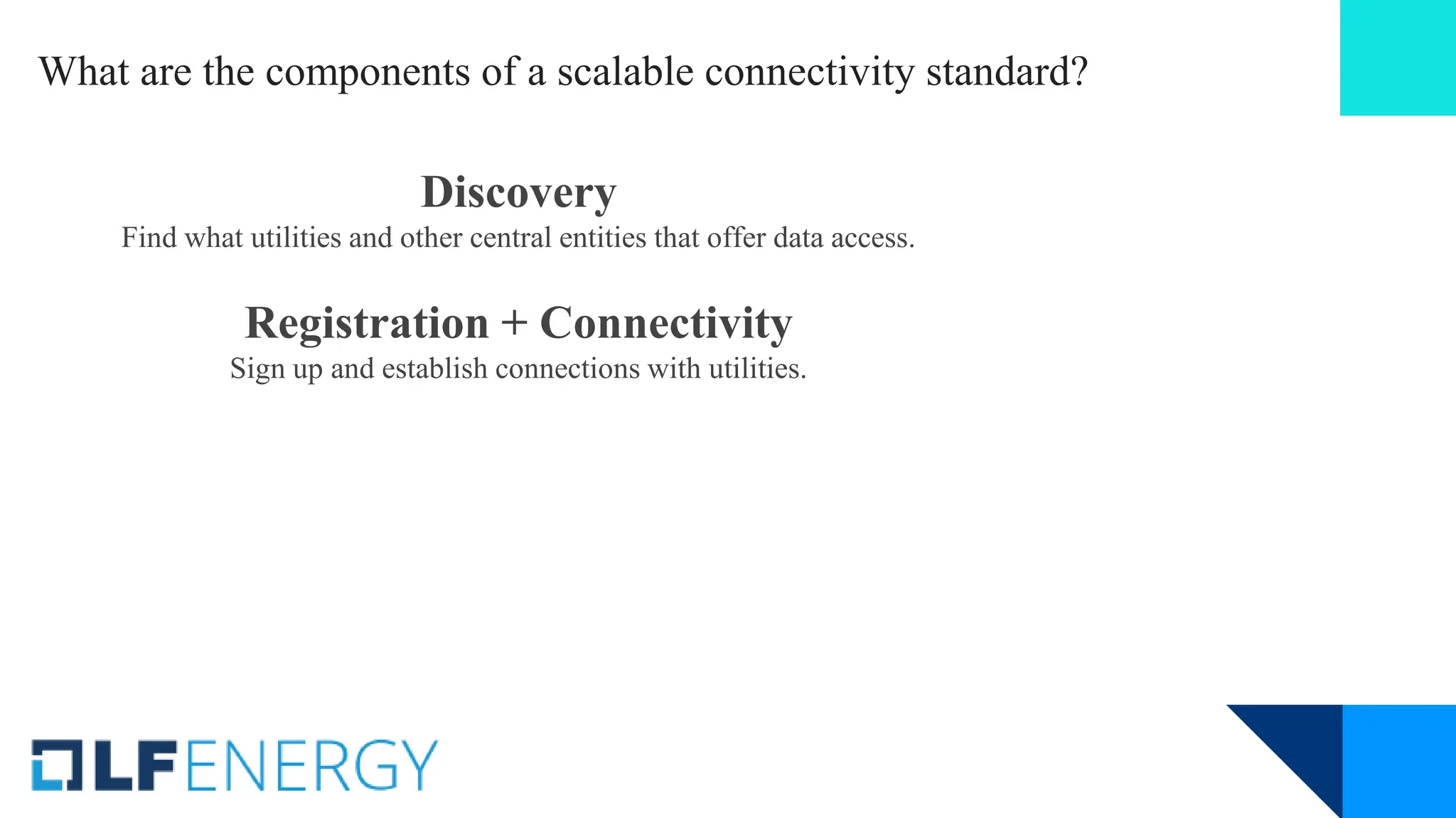 Discovery
Find what utilities and other central entities that offer data access.
Registration + Connectivity
Sign up and establish connections with utilities.
What are the components of a scalable connectivity standard?
 