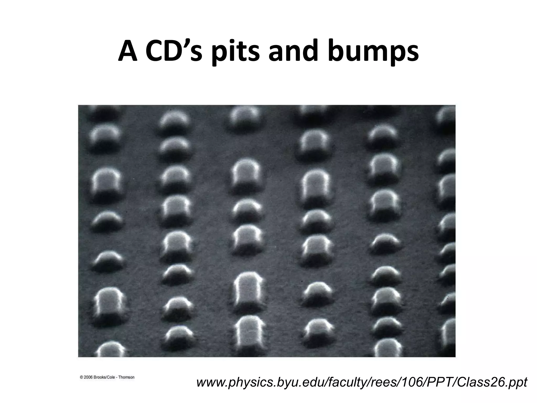 A CD’s pits and bumps




     www.physics.byu.edu/faculty/rees/106/PPT/Class26.ppt
 