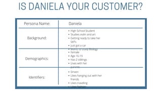 Persona Name:
Background:
Demographics:
Identifiers:
• Female
• Age 16-19
• Has 2 siblings
• Lives with her
parents
• High School Student
• Studies violin and art
• Getting ready to take her
SATs
• Just got a car
• Wants to study Biology
• Driven
• Likes hanging out with her
friends
• Likes traveling
• Likes fashion
Daniela
 