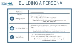 Persona
Name:
Background:
Demographics:
Identifiers:
• What is their gender, profession, age, family status, and income
level?
• Your persona's back story.
• How did they end up where they are today?
• This is what makes a persona, personal.
• It's their likes, values, and how they prefer to interact.
___________________
_
Examples: Age, Gender, Salary, Location, Level of education, Family size
Examples: Main values, Hobbies, Interests, Behaviors, Work goals,
Personal needs, Desired lifestyle
Examples: Essential information about their company (size, sector, etc.),
Details about their job role
 
