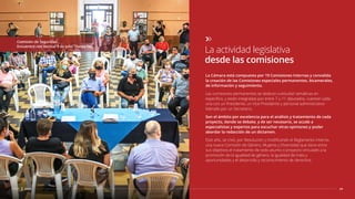24
CDSF 2021
La Cámara está compuesta por 19 Comisiones Internas y convalida
la creación de las Comisiones especiales permanentes, bicamerales,
de información y seguimiento.
Las comisiones permanentes se dedican a estudiar temáticas en
especíﬁco, y están integradas por entre 7 u 11 diputados, cuentan cada
una con un Presidente, un Vice Presidente y personal administrativo
liderado por un Secretario.
Son el ámbito por excelencia para el análisis y tratamiento de cada
proyecto, donde se debate, y de ser necesario, se acude a
especialistas y expertos para escuchar otras opiniones y poder
abordar la redacción de un dictamen.
Este año, se creó, por Resolución y modiﬁcando el Reglamento Interno,
una nueva Comisión de Género, Mujeres y Diversidad que tiene entre
sus objetivos el tratamiento de todo asunto o proyecto vinculado a la
promoción de la igualdad de género, la igualdad de trato y
oportunidades y el desarrollo y reconocimiento de derechos.
La actividad legislativa
desde las comisiones
Comisión de Seguridad.
Encuentro con Vecinal 9 de julio. (Santa Fe)
 