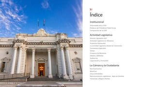 Índice
Institucional
Actividad Legislativa
Autoridades de la CDSF
Palabras del Presidente Pablo Farías
Composición de la CDSF
Síntesis Legislativa 2021
Actividad Legislativa en Números
Proyectos Destacados
La actividad Legislativa desde las Comisiones
Comisiones Especiales
Visitas
Presencia de Ministros
Debate y Reﬂexión
Audiencias
Capacitación y Formación
La Cámara y la Ciudadanía
Nos Iluminamos
Muestras
Otras Actividades
Reconocimientos Legislativos - Bajo las Estrellas
Homenaje a Miguel Lifschitz
 