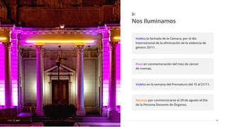 Nos Iluminamos
37
CDSF 2021
Violeta la fachada de la Cámara, por el día
Internacional de la eliminación de la violencia de
género 25/11.
Rosa en conmemoración del mes de cáncer
de mamas.
Violeta en la semana del Prematuro del 15 al 21/11.
Naranja por conmemorarse el 29 de agosto el Día
de la Persona Donante de Órganos.
 