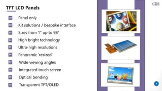 4
TFT LCD Panels
Sizes from 1” up to 98”
Integrated touch screen
Kit solutions / bespoke interface
Wide viewing angles
High bright technology
Ultra-high resolutions
Panoramic ‘resized’
Panel only01
02
03
04
05
06
07
08
Optical bonding09
Transparent TFT/OLED10
 