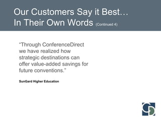  Group Rates After Cut-off DateCost Savings ReportsOur detailed Cost Savings Reports break down the financialsavings of working with ConferenceDirect. In addition, you’ll achieve internal cost-savings by working with ConferenceDirect.