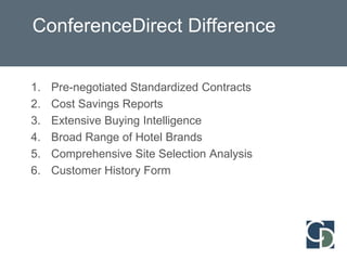 Site Selection & Contract NegotiationBecause we book thousands of events worldwide each year, we’ve built solid internationalindustry relationships. These associations are most beneficialwhen it comes time to negotiate. And because hotels compensate us directly, there is no cost to you for these services. Single Point of Contact