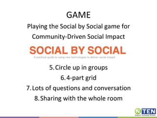 GAME Playing the Social by Social game for Community-Driven Social Impact Circle up in groups 4-part grid Lots of questions and conversation Sharing with the whole room 