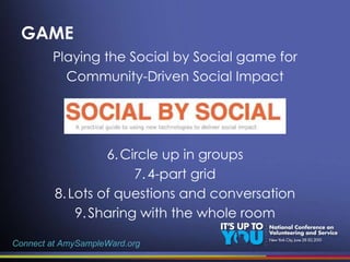 GAME Playing the Social by Social game for Community-Driven Social Impact Circle up in groups 4-part grid Lots of questions and conversation Sharing with the whole room Connect at AmySampleWard.org 
