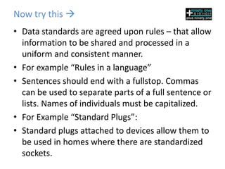 Now try this 
• Data standards are agreed upon rules – that allow
  information to be shared and processed in a
  uniform and consistent manner.
• For example “Rules in a language”
• Sentences should end with a fullstop. Commas
  can be used to separate parts of a full sentence or
  lists. Names of individuals must be capitalized.
• For Example “Standard Plugs”:
• Standard plugs attached to devices allow them to
  be used in homes where there are standardized
  sockets.
 