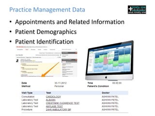 Practice Management Data
• Appointments and Related Information
• Patient Demographics
• Patient Identification
 