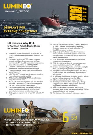 1. “Instant on” module performance as low as -60 °C
(-76 °F) means no waiting for heaters to warm a TFT
AMLCD.
2. No heate...