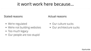 @jezhumble
it won’t work here because…
Stated reasons
• We're regulated
• We’re not building websites
• Too much legacy
• Our people are too stupid
Actual reasons
• Our culture sucks
• Our architecture sucks
 