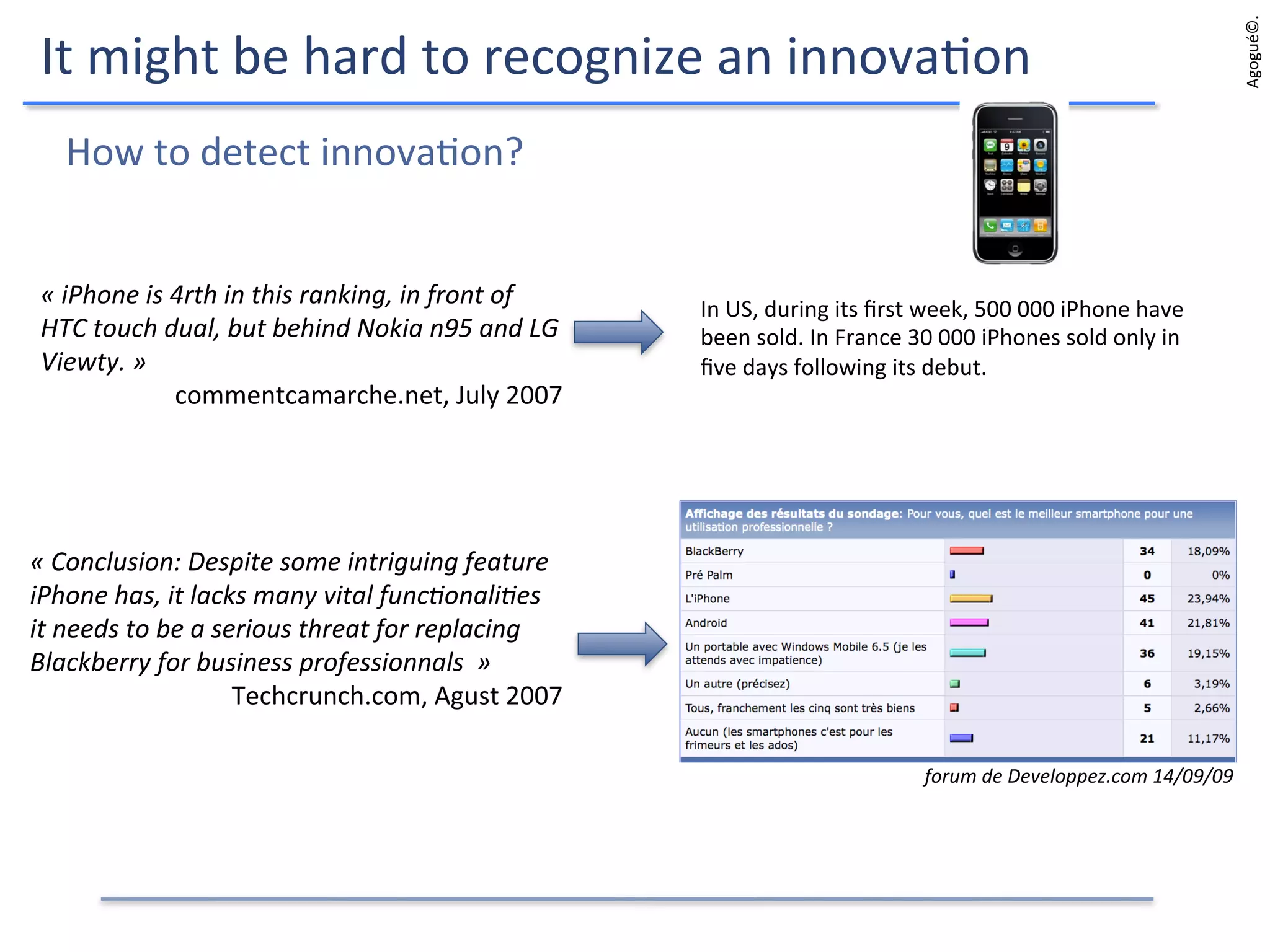 How	
  to	
  detect	
  innova9on?	
  
«	
  iPhone	
  is	
  4rth	
  in	
  this	
  ranking,	
  in	
  front	
  of	
  
HTC	
  touch	
  dual,	
  but	
  behind	
  Nokia	
  n95	
  and	
  LG	
  
Viewty.	
  »	
  
commentcamarche.net,	
  July	
  2007	
  
In	
  US,	
  during	
  its	
  ﬁrst	
  week,	
  500	
  000	
  iPhone	
  have	
  
been	
  sold.	
  In	
  France	
  30	
  000	
  iPhones	
  sold	
  only	
  in	
  
ﬁve	
  days	
  following	
  its	
  debut.	
  
«	
  Conclusion:	
  Despite	
  some	
  intriguing	
  feature	
  
iPhone	
  has,	
  it	
  lacks	
  many	
  vital	
  funcIonaliIes	
  
it	
  needs	
  to	
  be	
  a	
  serious	
  threat	
  for	
  replacing	
  
Blackberry	
  for	
  business	
  professionnals	
  	
  »	
  
Techcrunch.com,	
  Agust	
  2007	
  
forum	
  de	
  Developpez.com	
  14/09/09	
  
It	
  might	
  be	
  hard	
  to	
  recognize	
  an	
  innova9on	
  
Agogué©.	
  	
  
 