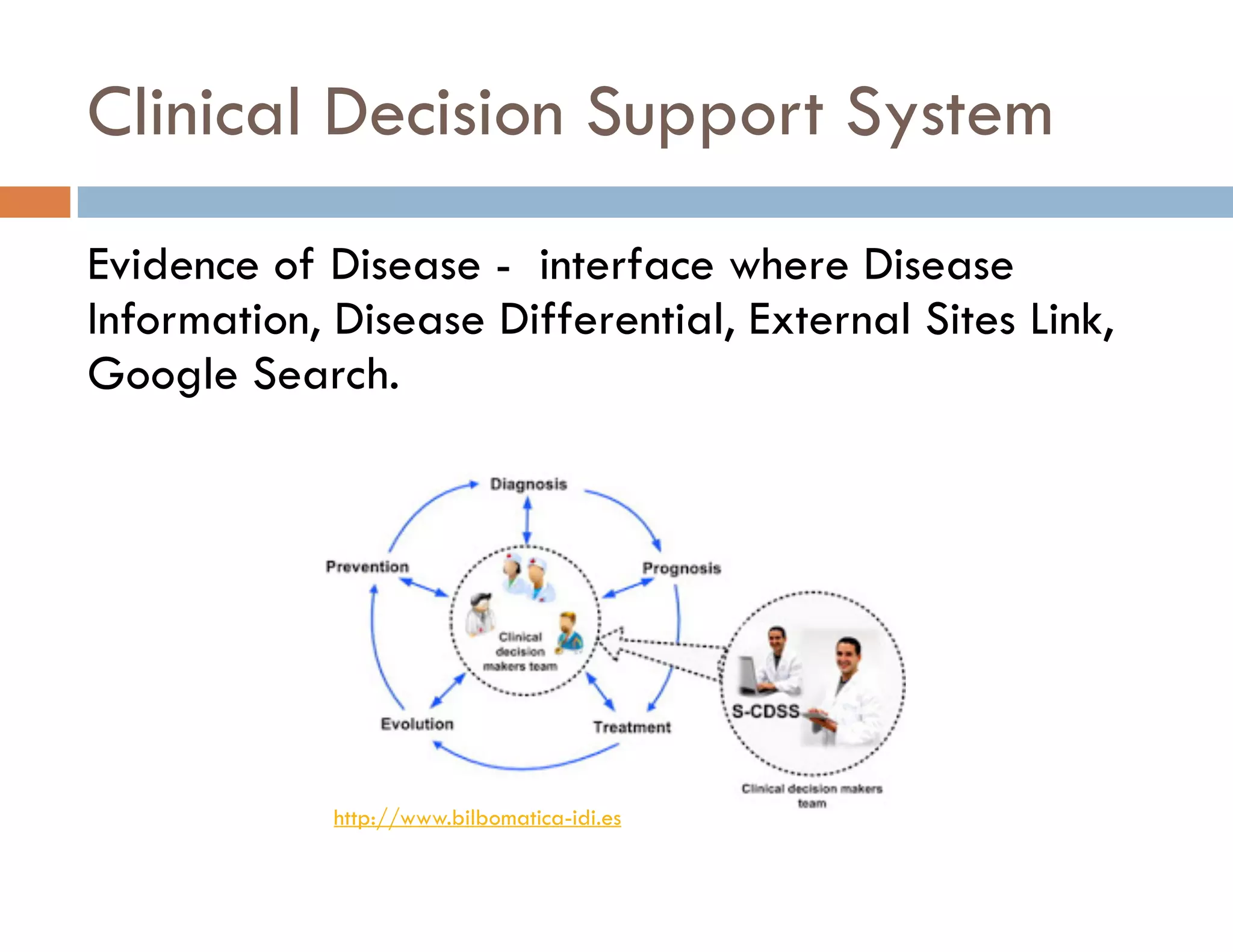 Clinical Decision Support System 
Evidence of Disease - interface where Disease 
Information, Disease Differential, External Sites Link, 
Google Search. 
http://www.bilbomatica-idi.es 
 