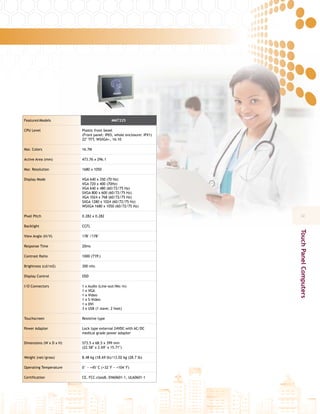 2222
TouchPanelComputers
FeaturesModels MMT225
CPU Level Plastic front bezel
(Front panel: IP65, whole enclosure: IPX1)
22 TFT, WSXGA+, 16:10
Mar. Colors 16.7M
Active Area (mm) 473.76 x 296.1
Mar. Resolution 1680 x 1050
Display Mode VGA 640 x 350 (70 Hz)
VGA 720 x 400 (70Hz)
VGA 640 x 480 (60/72/75 Hz)
SVGA 800 x 600 (60/72/75 Hz)
XGA 1024 x 768 (60/72/75 Hz)
SXGA 1280 x 1024 (60/72/75 Hz)
WSXGA 1680 x 1050 (60/72/75 Hz)
Pixel Pitch 0.282 x 0.282
Backlight CCFL
View Angle (H/V) 178°/178°
Response Time 20ms
Contrast Ratio 1000 (TYP.)
Brightness (cd/m2) 300 nits
Display Control OSD
I/O Connectors 1 x Audio (Line-out/Mic-in)
1 x VGA
1 x Video
1 x S-Video
1 x DVI
3 x USB (1 slave, 2 host)
Touchscreen Resistive type
Power Adapter Lock type external 24VDC with AC/DC
medical grade power adapter
Dimensions (W x D x H) 573.5 x 68.5 x 399 mm
(22.58 x 2.69 x 15.71)
Weight (net/gross) 8.48 kg (18.69 lb)/13.02 kg (28.7 lb)
Operating Temperature 0° ~ +45°C (+32°F ~ +104°F)
Certification CE, FCC classB, EN60601-1, UL60601-1
 