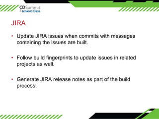 ©2016CloudBees,Inc.AllRightsReserved
JIRA
• Update JIRA issues when commits with messages
containing the issues are built....