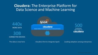 8© Cloudera, Inc. All rights reserved.
Cloudera: The Enterprise Platform for
Data Science and Machine Learning
The data is now here
30B
CONNECTED DEVICES
440x
MORE DATA
Cloudera first to integrate Spark
Modern Platform for Machine Learning and Advanced Analytics
Leading adoption among enterprises
500Customers
Run Spark on
 