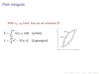 Path Integrals
With xa, xb ﬁxed, how do we minimize S?
S =
tb
ta
L(˙x, x, t)dt (action)
L =
m
2
˙x2
− V (x, t) (Lagrangian)
 