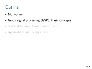 /35
Outline
10
• Motivation
• Graph signal processing (GSP): Basic concepts
• Spectral ﬁltering: Basic tools of GSP
• Applications and perspectives
 