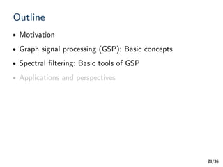 /35
Outline
21
• Motivation
• Graph signal processing (GSP): Basic concepts
• Spectral ﬁltering: Basic tools of GSP
• Applications and perspectives
 