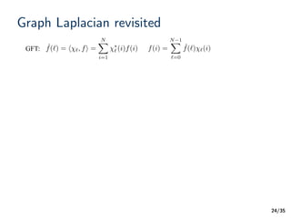 /35
Graph Laplacian revisited
24
ˆf(`) = h `, fi =
NX
i=1
⇤
` (i)f(i) f(i) =
N 1X
`=0
ˆf(`) `(i)GFT:
 