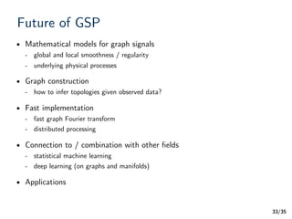 /35
Future of GSP
• Mathematical models for graph signals
- global and local smoothness / regularity
- underlying physical processes
• Graph construction
- how to infer topologies given observed data?
• Fast implementation
- fast graph Fourier transform
- distributed processing
• Connection to / combination with other ﬁelds
- statistical machine learning
- deep learning (on graphs and manifolds)
• Applications
33
 
