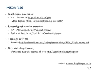 /35
Resources
• Graph signal processing
- MATLAB toolbox: https://lts2.epﬂ.ch/gsp/
- Python toolbox: https://pygsp.readthedocs.io/en/stable/
• Spectral graph wavelet transform
- MATLAB toolbox: https://wiki.epﬂ.ch/sgwt
- Python toolbox: https://github.com/aweinstein/pysgwt
• Topology inference
- Tutorial: http://web.media.mit.edu/~xdong/presentation/GSPW_GraphLearning.pdf
• Geometric deep learning
- Workshops, tutorials, papers and code: http://geometricdeeplearning.com
35
contact: xiaowen.dong@eng.ox.ac.uk
 