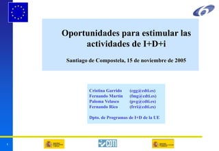 1 (04/05/2024)
Oportunidades para estimular las
actividades de I+D+i
Santiago de Compostela, 15 de noviembre de 2005
Cristina Garrido (cgg@cdti.es)
Fernando Martín (fmg@cdti.es)
Paloma Velasco (pvg@cdti.es)
Fernando Rico (frri@cdti.es)
Dpto. de Programas de I+D de la UE
 