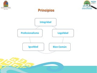 Integridad
Legalidad
Bien Común
Igualdad
Profesionalismo
 